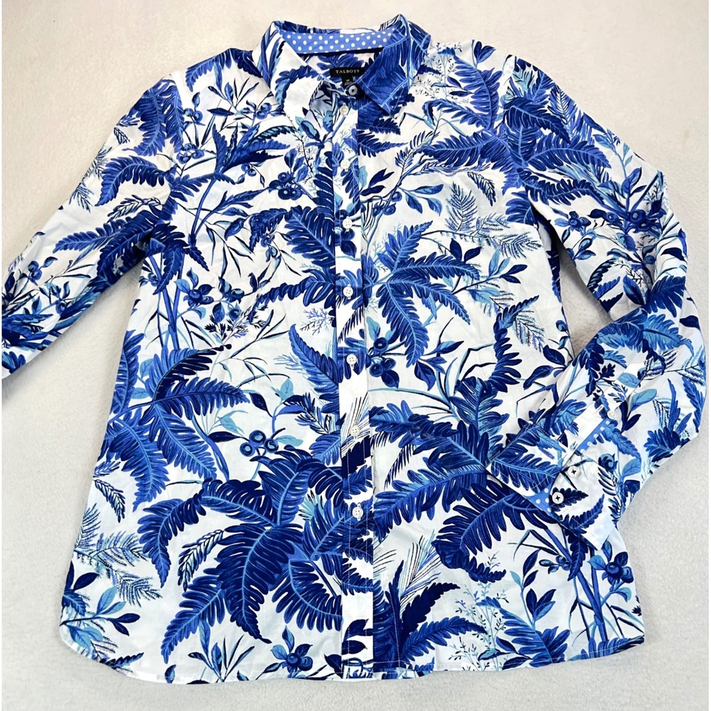 Talbots Button Down Shirt Women M Blue Tropical Lightweight
